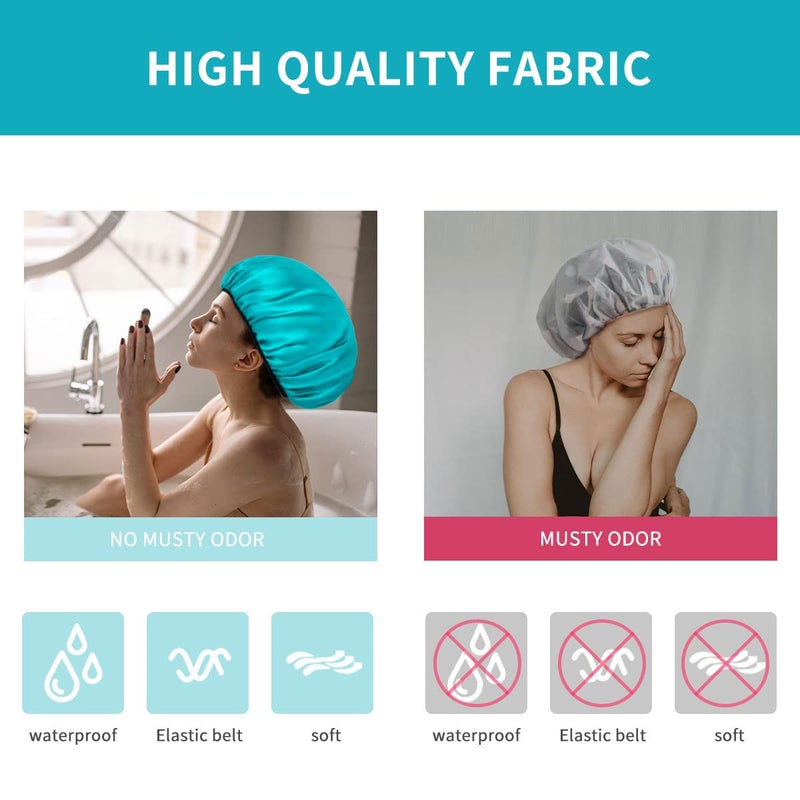 Aquior Shower Cap for Women Reusable, Extra Large Shower Cap for Men,Satin EVA Double Layer Waterproof Hair Cap For Long Hair, 4 Pieces - Image 2