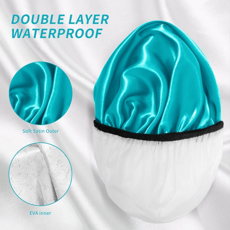 Aquior Shower Cap for Women Reusable, Extra Large Shower Cap for Men,Satin EVA Double Layer Waterproof Hair Cap For Long Hair, 4 Pieces - Image 5