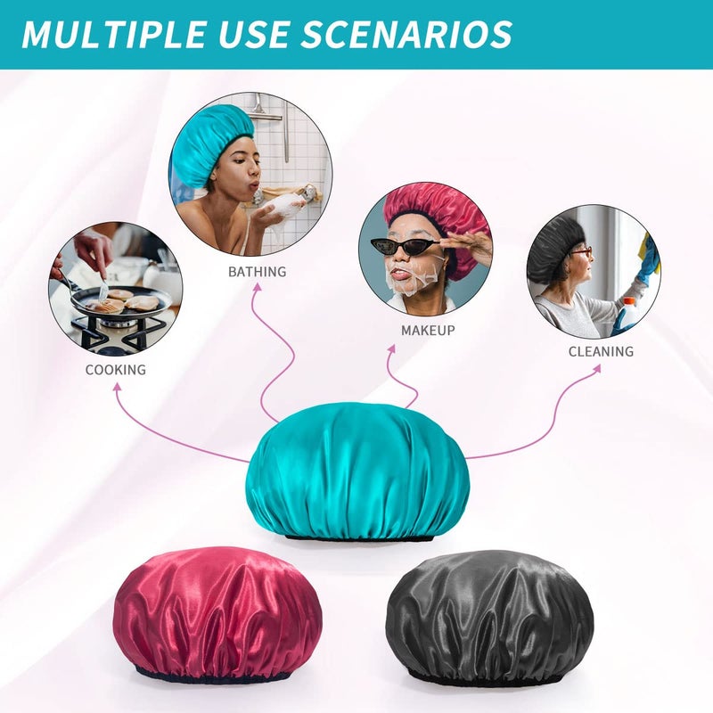 Aquior Shower Cap for Women Reusable, Extra Large Shower Cap for Men,Satin EVA Double Layer Waterproof Hair Cap For Long Hair, 4 Pieces - Image 3