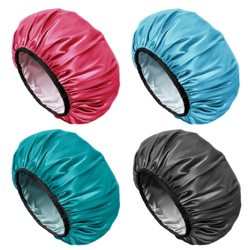 Aquior Shower Cap for Women Reusable, Extra Large Shower Cap for Men,Satin EVA Double Layer Waterproof Hair Cap For Long Hair, 4 Pieces - Image 1