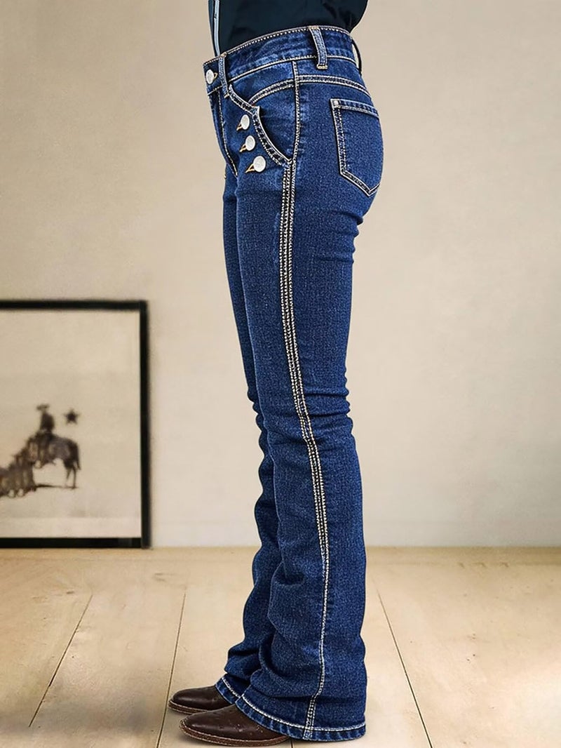 Flamingals Bootcut Mid Waist Dual Wash Button Decor Jeans for Women Butt Lifting Denim Pants Navy Blue L - Image 4