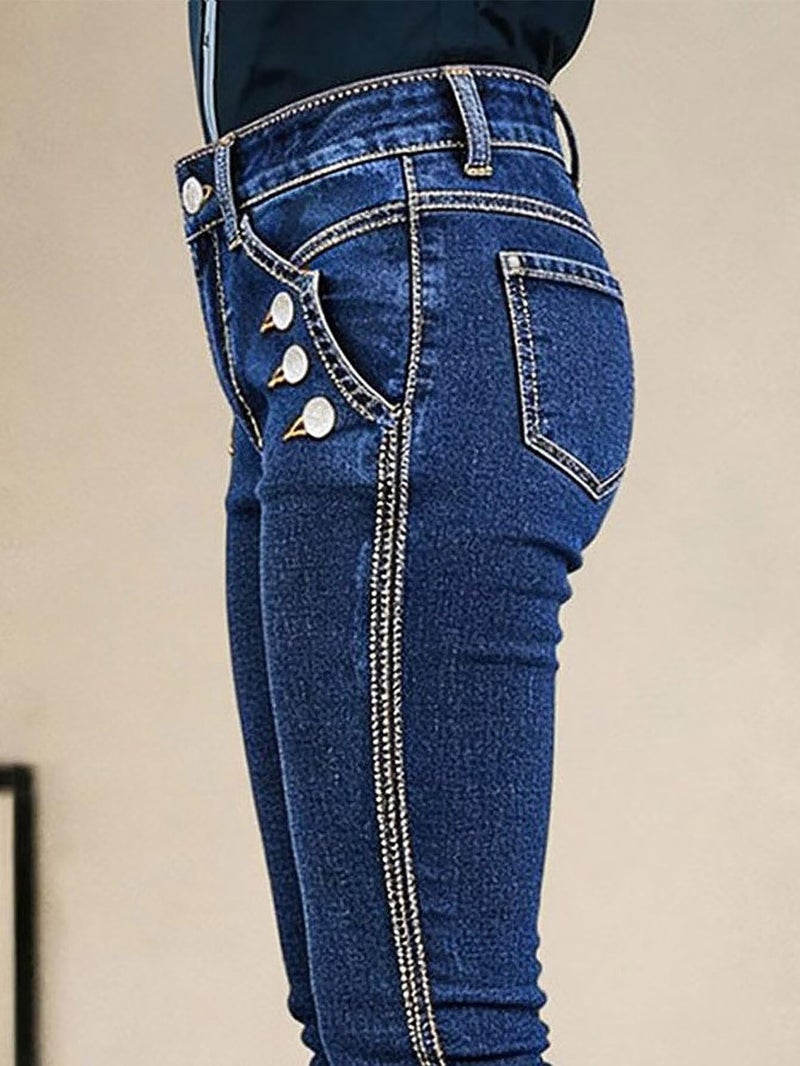Flamingals Bootcut Mid Waist Dual Wash Button Decor Jeans for Women Butt Lifting Denim Pants Navy Blue L - Image 3