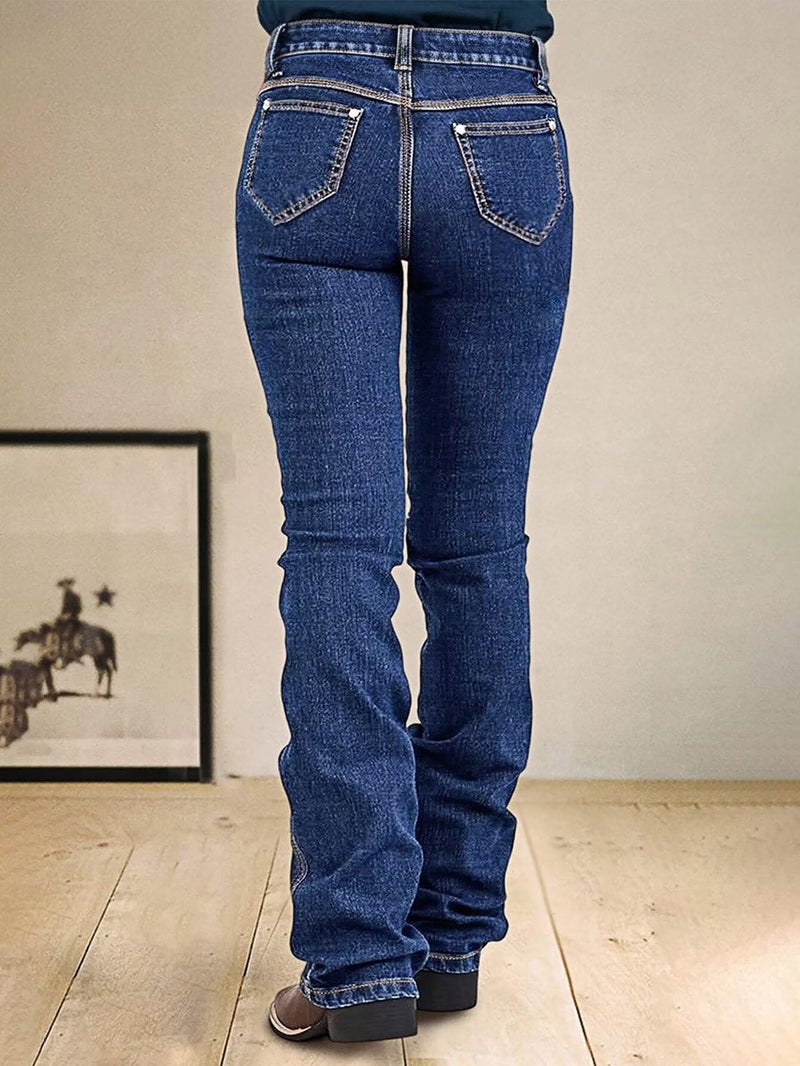 Flamingals Bootcut Mid Waist Dual Wash Button Decor Jeans for Women Butt Lifting Denim Pants Navy Blue L - Image 5