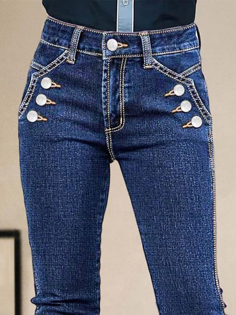 Flamingals Bootcut Mid Waist Dual Wash Button Decor Jeans for Women Butt Lifting Denim Pants Navy Blue L - Image 2