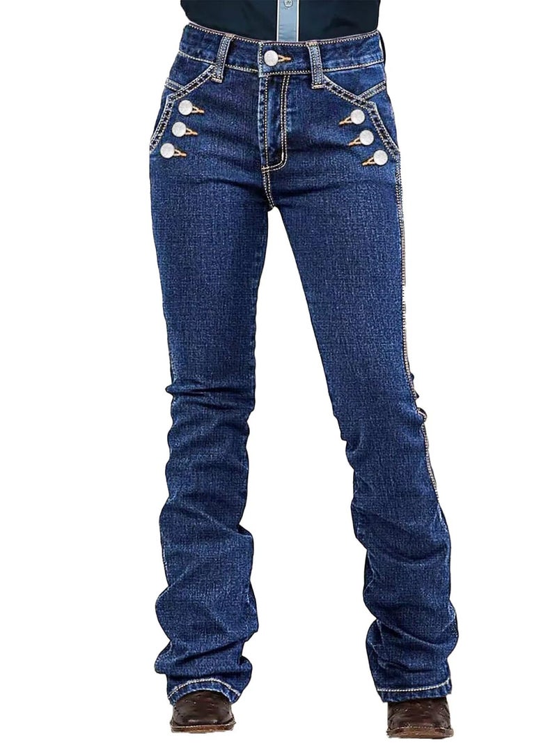 Flamingals Bootcut Mid Waist Dual Wash Button Decor Jeans for Women Butt Lifting Denim Pants Navy Blue L - Image 1