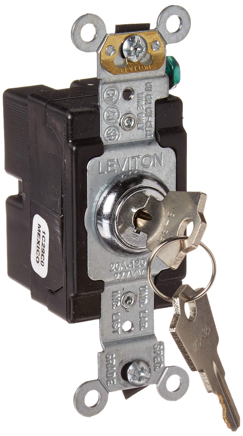 Leviton 20 Amp, 120/277 Volt, Key Locking, Single-Pole, AC Quiet Switch, Extra Heavy Duty Spec Grade, Self Grounding, 1221-2KL, Chrome - Image 1