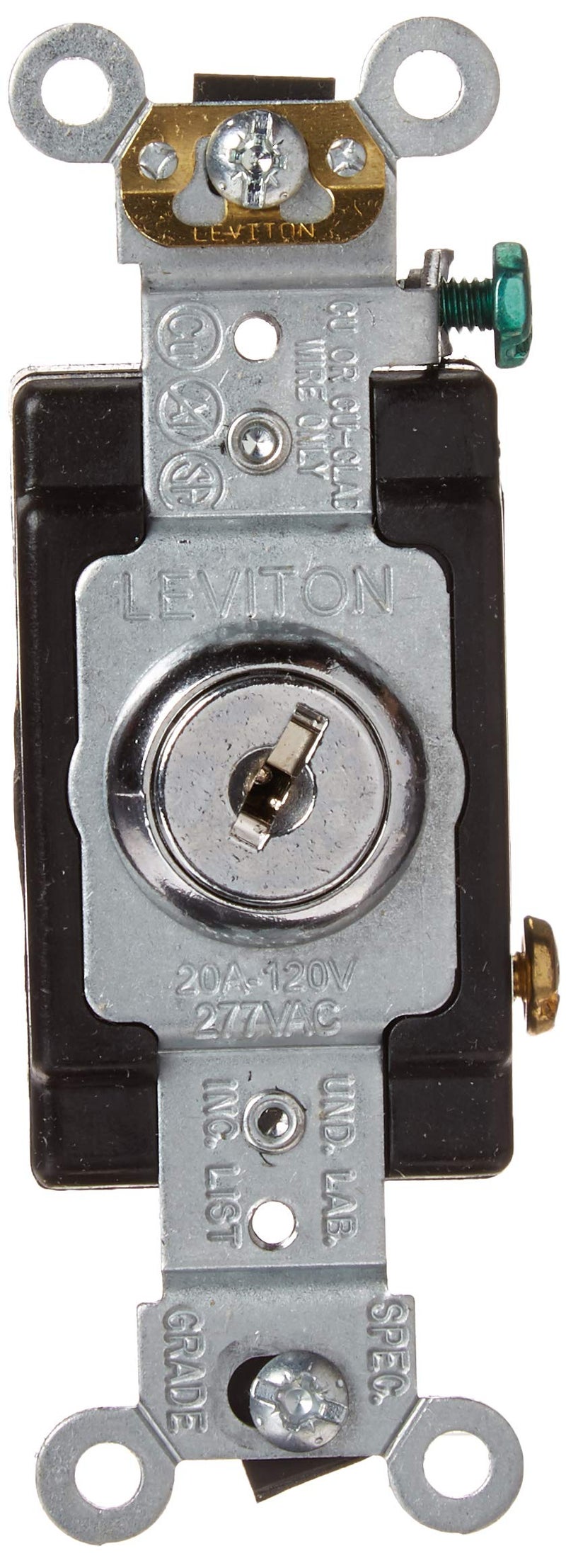 Leviton 20 Amp, 120/277 Volt, Key Locking, Single-Pole, AC Quiet Switch, Extra Heavy Duty Spec Grade, Self Grounding, 1221-2KL, Chrome - Image 5