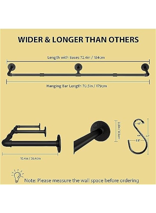 MIXDE Wall Mounted Clothes Rack, 72.5in Industrial Pipe Clothes Rod Hanging Clothing Rack,Heavy Duty Iron Pipe,Multi-Purpose Hanging Clothes Rack, Space-Saving Closet Rod for Laundry Room/Living Room - Image 2