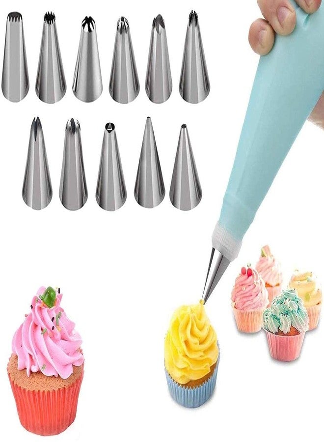 Moral_12 PC Cake Decorating Nozzle with Piping Bag Stainless Steel Piping Cream Frosting Nozzles Set/Icing Tips Cake Cupcake Muffin Decorating Tool (Random Color) - Image 1