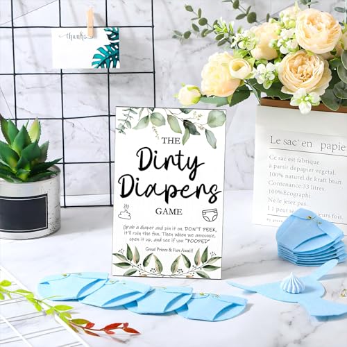 Roowest 51 Pcs Dirty Diaper Baby Shower Games Funny Wooden Sign with 50 Pcs Mini Diapers Cute Felt for Gender Reveal Party Baby Shower(Greenery Blue) - Image 5