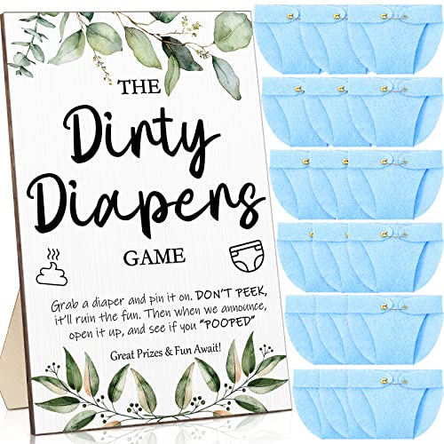 Roowest 51 Pcs Dirty Diaper Baby Shower Games Funny Wooden Sign with 50 Pcs Mini Diapers Cute Felt for Gender Reveal Party Baby Shower(Greenery Blue) - Image 1