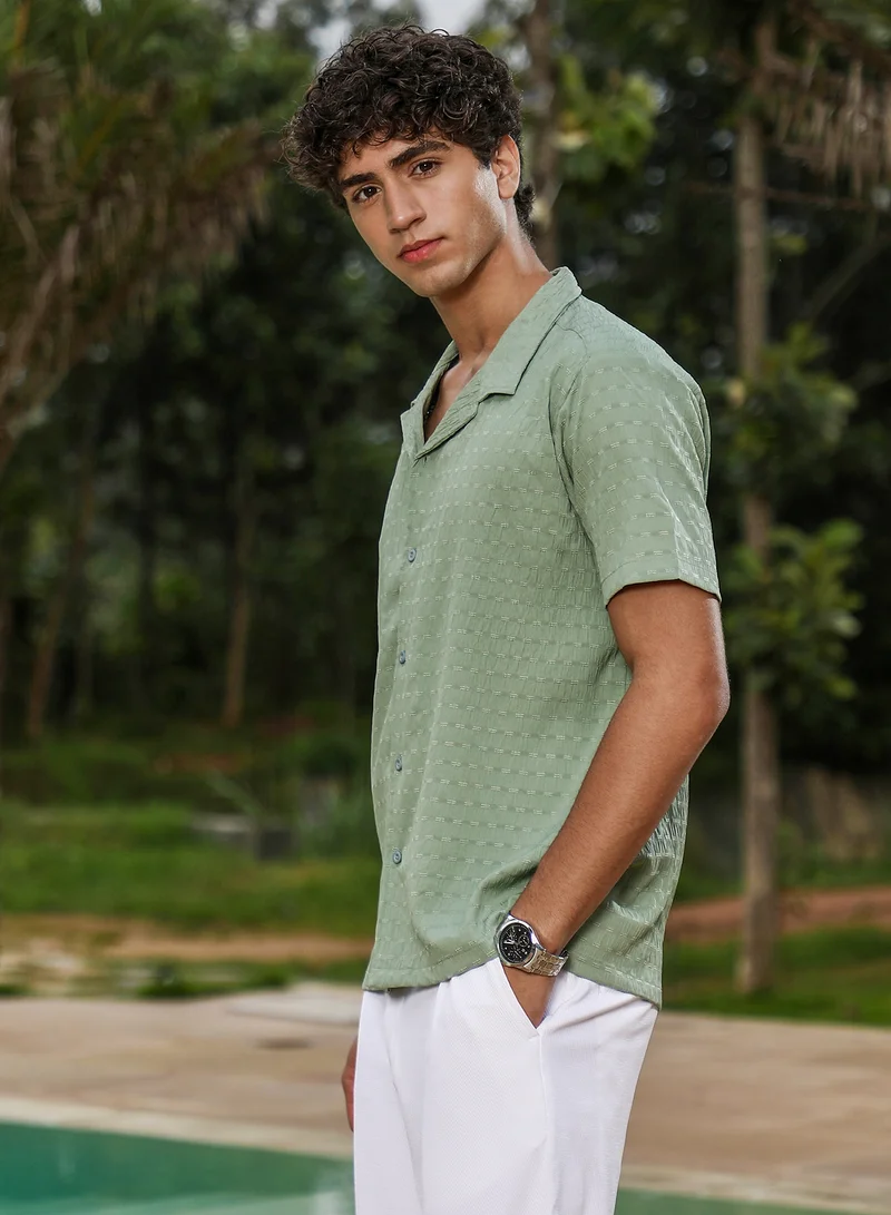 كامبوس سوترا Campus Sutra Men Embroidered Crease-Striped Shirt | Cuban Collar Short Regular Sleeves | Button Closure Straight Hem | Stripes Embroiderd | Woven Fabric For Street & Casual Wear | Pistachio Green