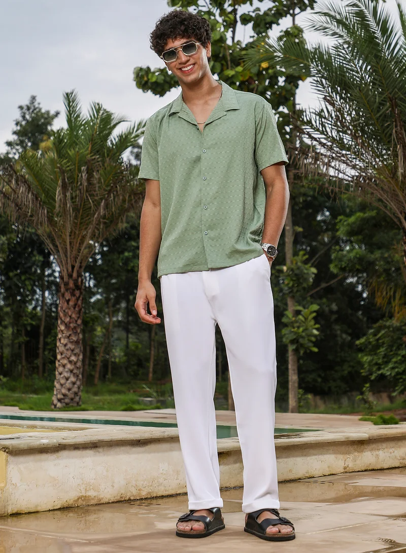 كامبوس سوترا Campus Sutra Men Embroidered Crease-Striped Shirt | Cuban Collar Short Regular Sleeves | Button Closure Straight Hem | Stripes Embroiderd | Woven Fabric For Street & Casual Wear | Pistachio Green