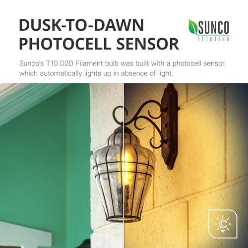 Sunco Lighting 6 Pack 5W=40W Dusk to Dawn Outdoor T10 Light Tubular LED Bulbs, CRI90 2700K Soft White E26 Base, 450 Lumens, Vintage Filament, Waterproof, Outdoor Decorative UL. - Image 2