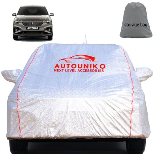 AUTOUNIKO Waterproof Car Body Cover Compatible with Maruti Ertiga with Mirror and Antena Pocket and Soft Cotton Lining (Fully Bottom Elastic Triple Stitched) (Metallic Silver with Red Piping) - Image 1
