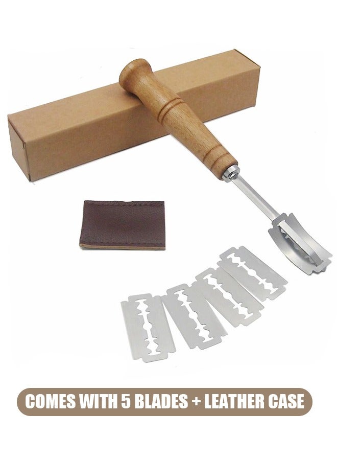 1 Set Sourdough Bread Lame Slicing Tool, Baking Sourdough Bread Starter Jar Razor Cutter, Dough Baking Cutter with Blades, Pastry Cutters Wooden Slicer for Bakers (Brown) - Image 1