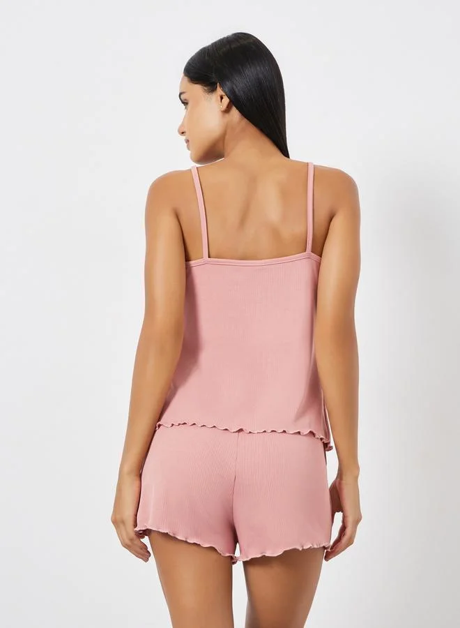 Styli  Rib Texture Lettuce Hem Cami and Shorts Set for Women | Best Price UAE
