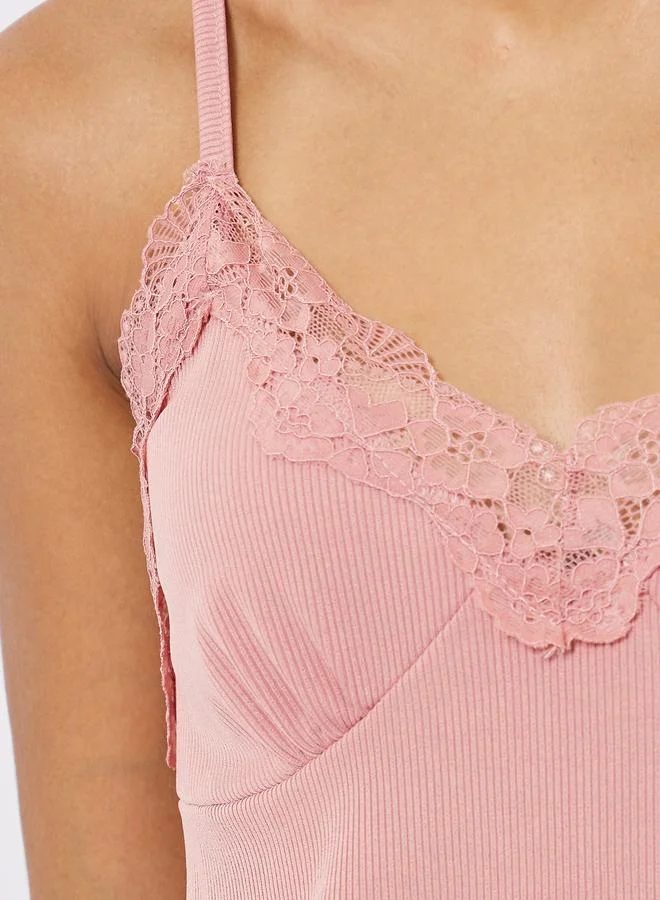 Styli  Rib Texture Lettuce Hem Cami and Shorts Set for Women | Best Price UAE