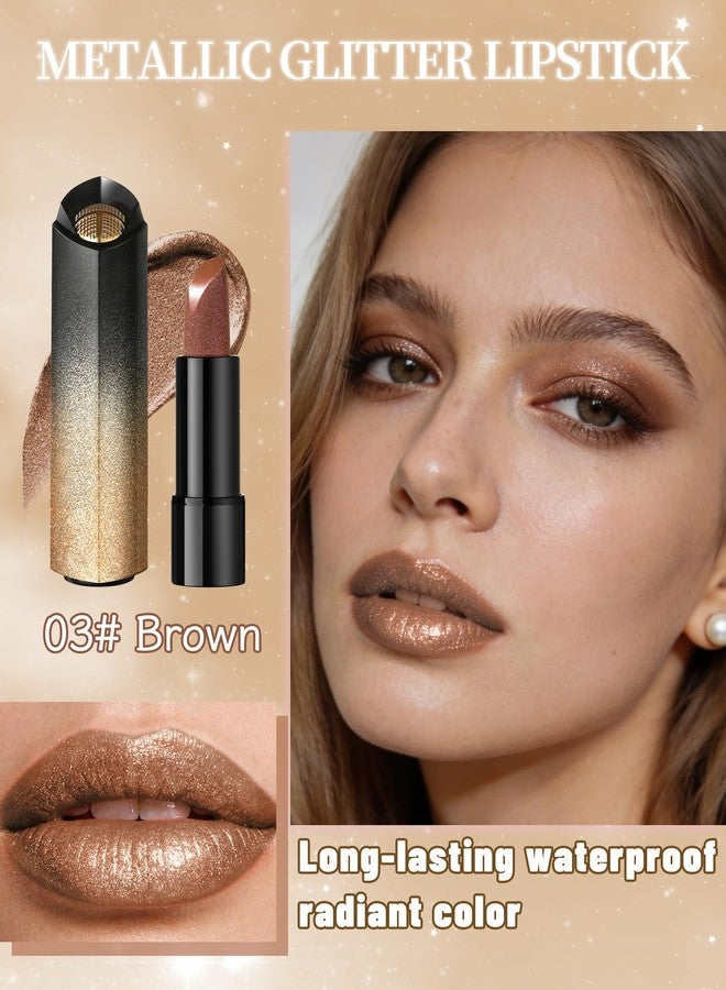 LYSdefeu Metallic Brown Glitter Lipstick for Women, Long Lasting Shine Sparkle Diamond Creamy Lipstick, Shimmer Waterproof Smudge-Proof LipGloss, Lightweight High Pigment Lip Stain Women's Day Lip Makeup-03 - Image 2