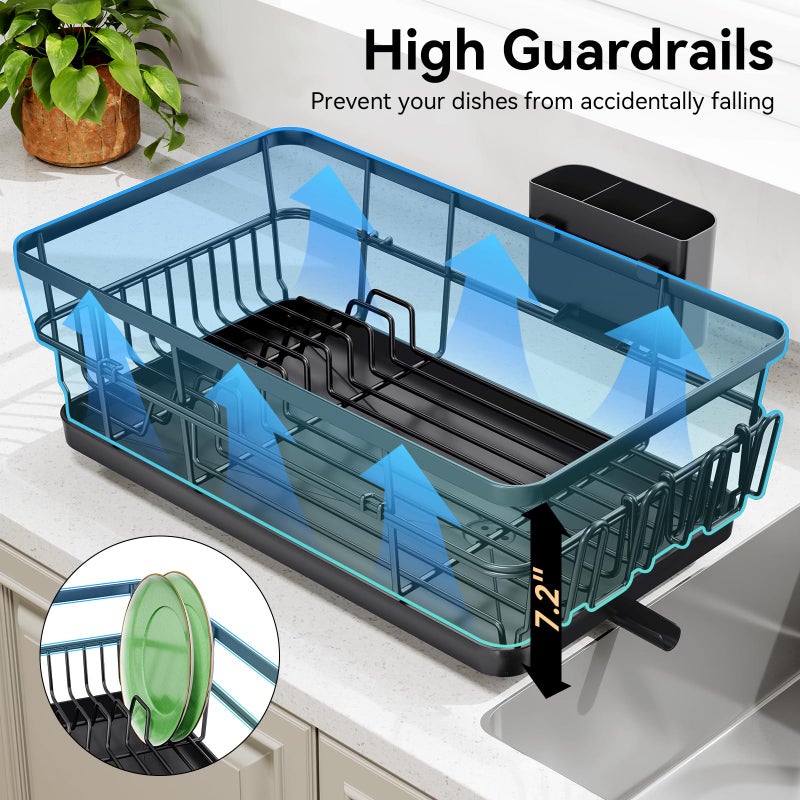 TOOLF Dish Drying Rack, Dish Racks for Kitchen Counter, Stainless Steel Sink Organization and Storage Essentials with Cutlery Holder, Dish Drainer, Home and Appartment Decor, 12.4''W x 16.5''L, Black - Image 2