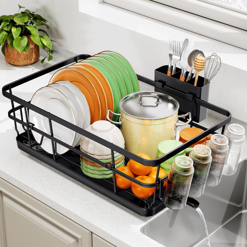 TOOLF Dish Drying Rack, Dish Racks for Kitchen Counter, Stainless Steel Sink Organization and Storage Essentials with Cutlery Holder, Dish Drainer, Home and Appartment Decor, 12.4''W x 16.5''L, Black - Image 1