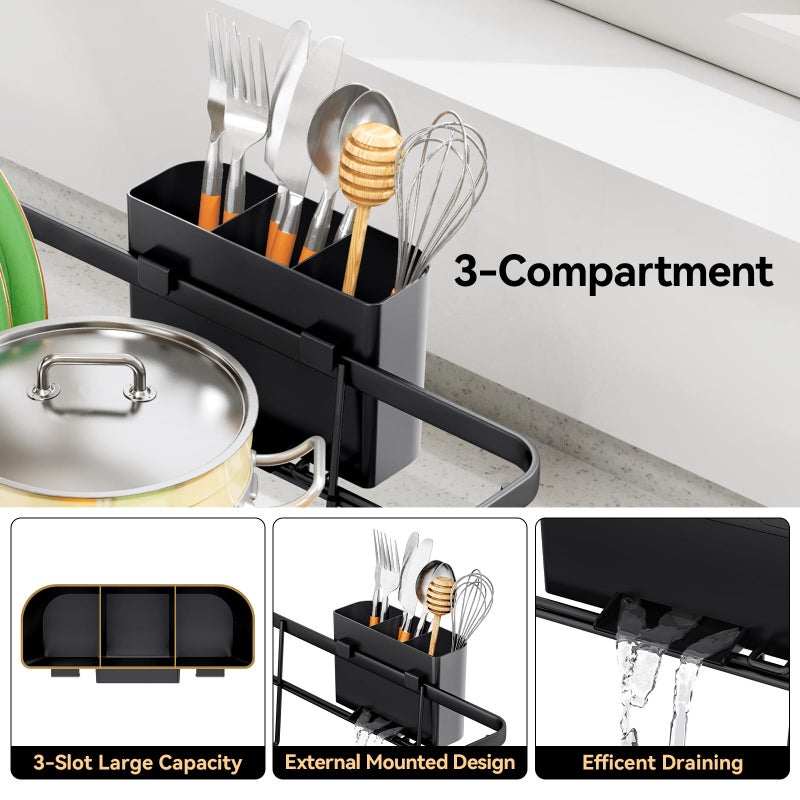 TOOLF Dish Drying Rack, Dish Racks for Kitchen Counter, Stainless Steel Sink Organization and Storage Essentials with Cutlery Holder, Dish Drainer, Home and Appartment Decor, 12.4''W x 16.5''L, Black - Image 4