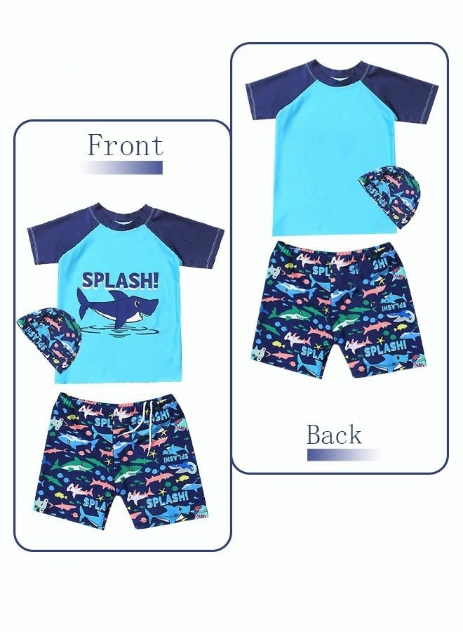 3 Piece Kids Swimsuit with Cap Set Toddler Boys Letter Shark Print Swimwear Children Swimming Trunks Short Sleeves Clothing Beachwear Bathing Suit for Summer Blue/Multicolor - Image 3