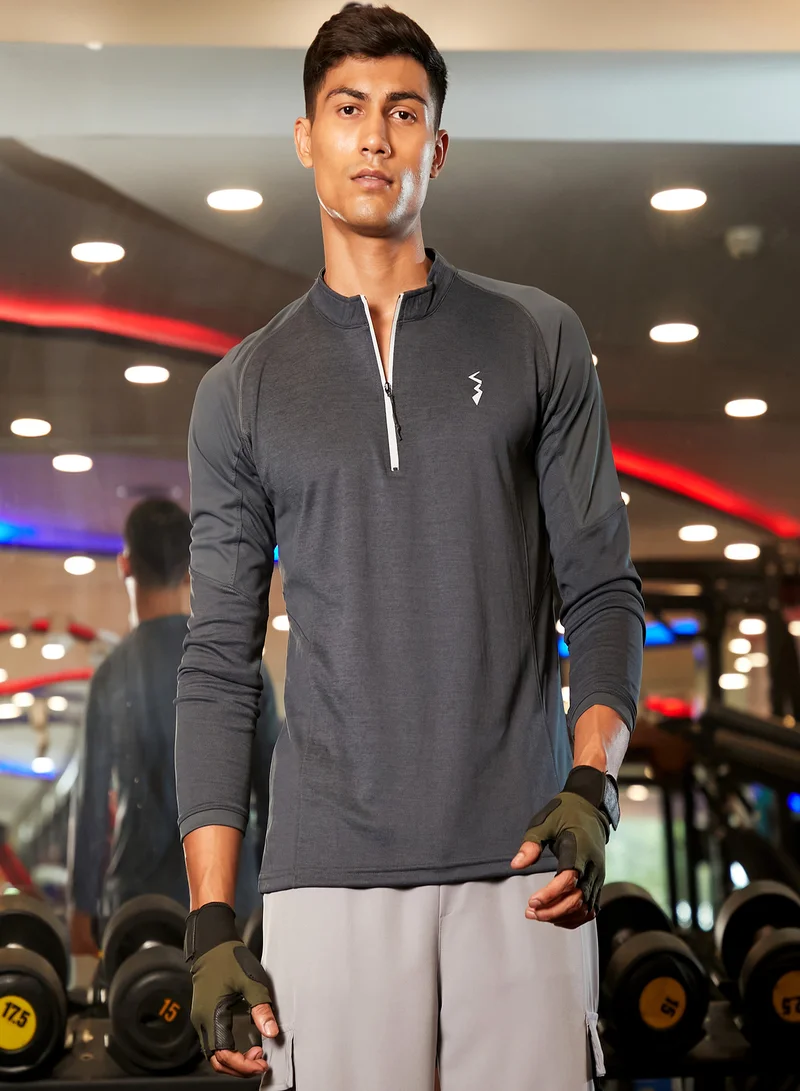 Campus Sutra CS Life Men's Charcoal Grey Basic Activewear T-Shirt For Casual Wear | Mock Neck | Long Sleeve | Anti-Odor | Dri-Fit | Jersey T-Shirt Crafted With Comfort Fit & High-Performance