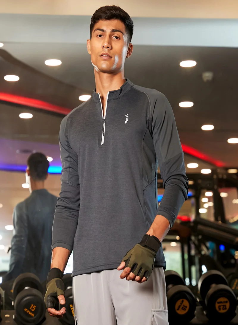 Campus Sutra CS Life Men's Charcoal Grey Basic Activewear T-Shirt For Casual Wear | Mock Neck | Long Sleeve | Anti-Odor | Dri-Fit | Jersey T-Shirt Crafted With Comfort Fit & High-Performance