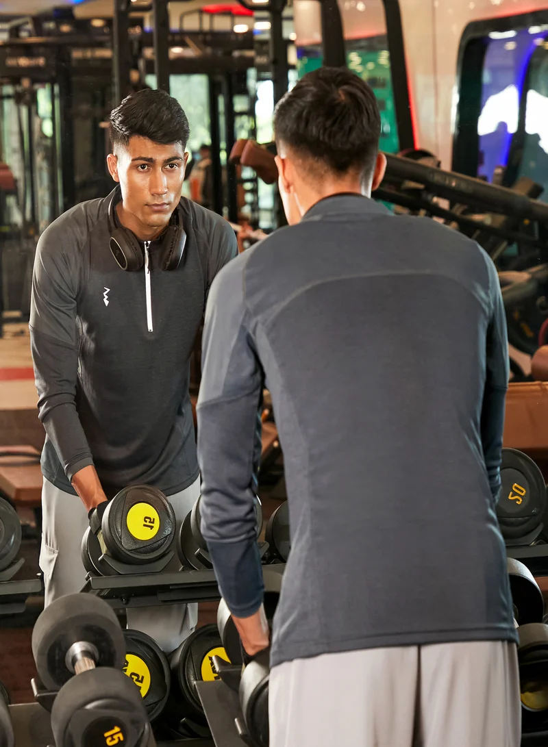 Campus Sutra CS Life Men's Charcoal Grey Basic Activewear T-Shirt For Casual Wear | Mock Neck | Long Sleeve | Anti-Odor | Dri-Fit | Jersey T-Shirt Crafted With Comfort Fit & High-Performance