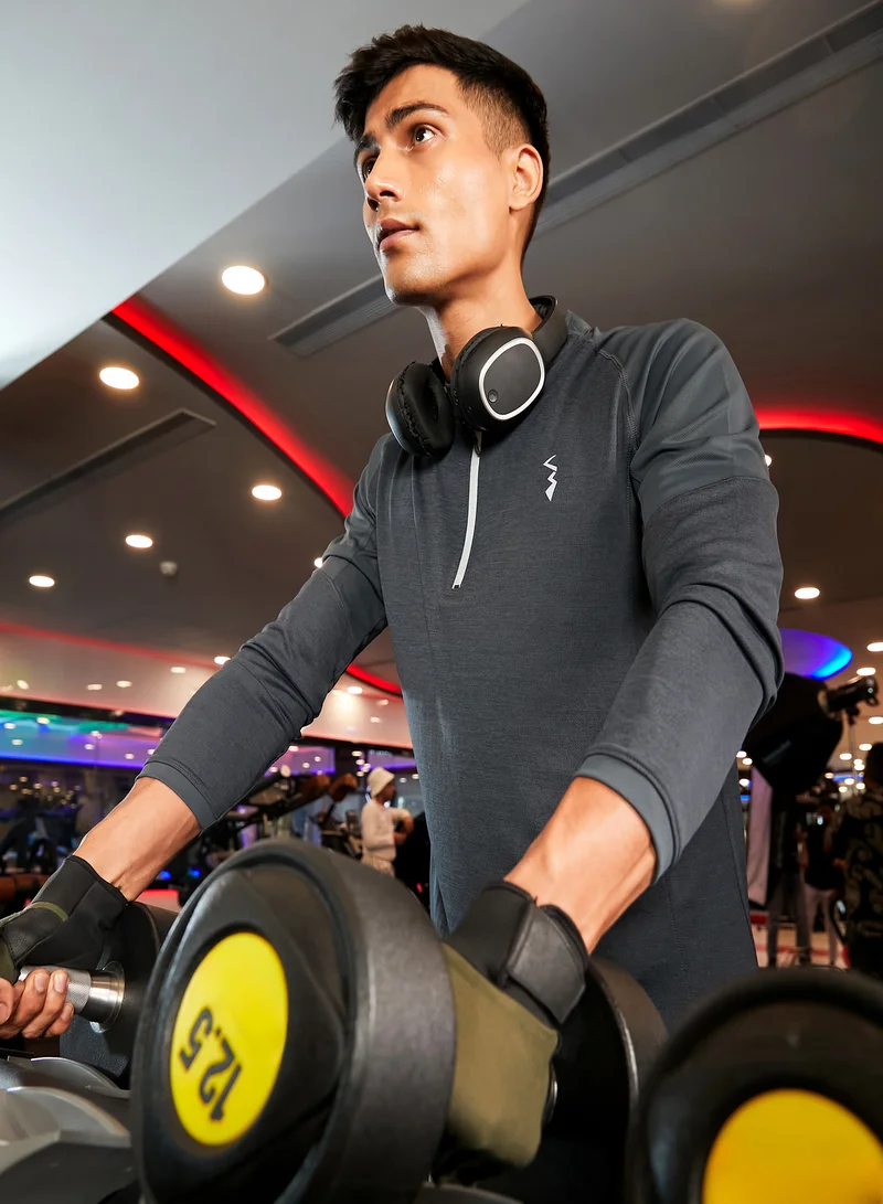 Campus Sutra CS Life Men's Charcoal Grey Basic Activewear T-Shirt For Casual Wear | Mock Neck | Long Sleeve | Anti-Odor | Dri-Fit | Jersey T-Shirt Crafted With Comfort Fit & High-Performance