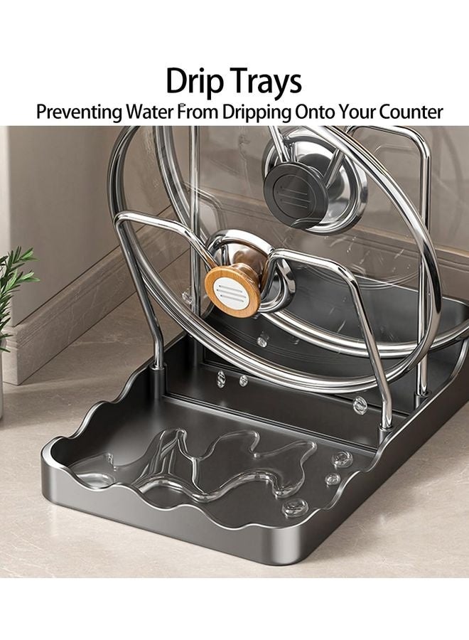 هومستر حامل غطاء الوعاء ومسند الملعقة، وغطاء طبقتين ومنظم غطاء الوعاء مع صينية قطرية، أواني متعددة الوظائف وغطاء الوعاء ورف حامل لأغطية الوعاء، ملعقات، ملاعق (أسود) - Image 3