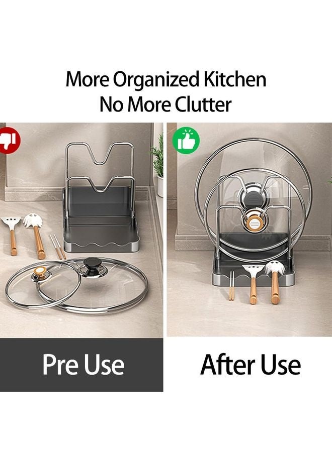 هومستر حامل غطاء الوعاء ومسند الملعقة، وغطاء طبقتين ومنظم غطاء الوعاء مع صينية قطرية، أواني متعددة الوظائف وغطاء الوعاء ورف حامل لأغطية الوعاء، ملعقات، ملاعق (أسود) - Image 4