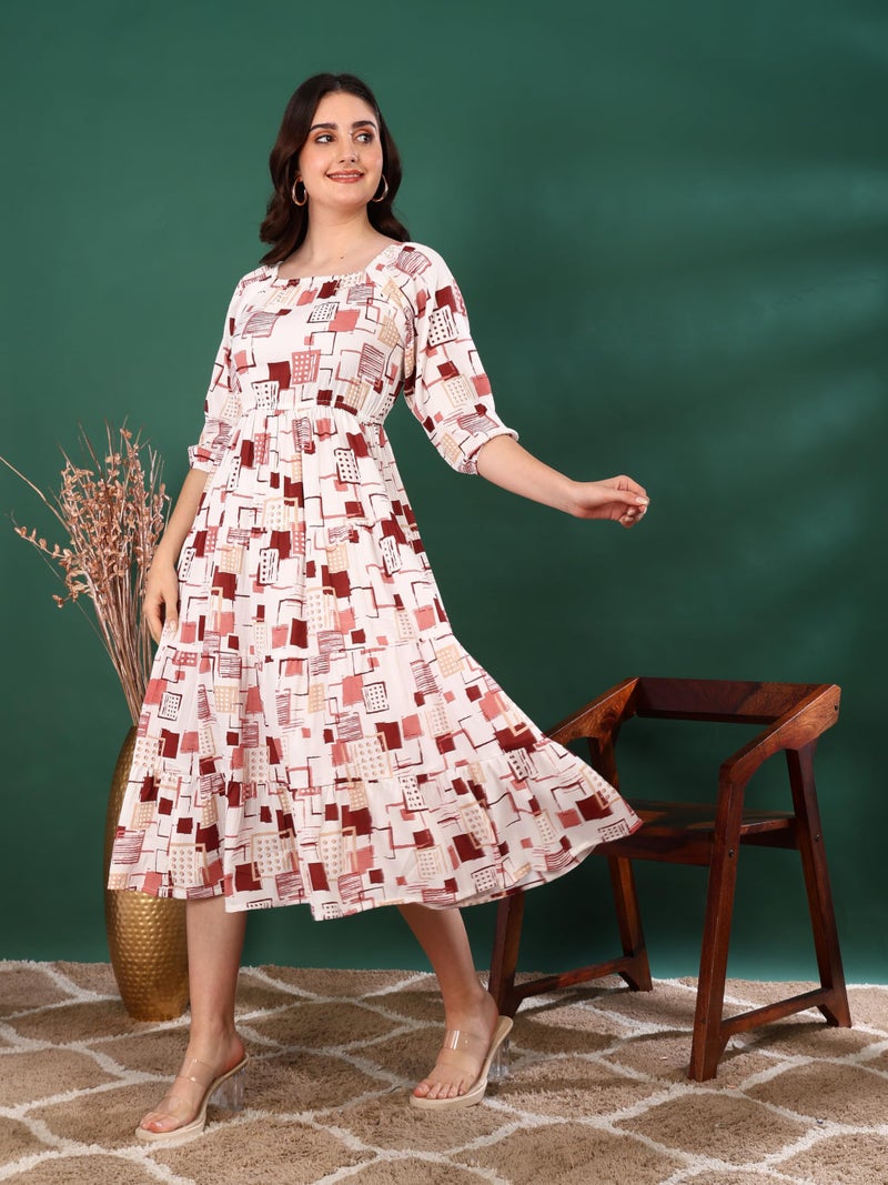 Yash Gallery Women’s Delta Fabric Printed Dress Square Neck, Puff Sleeve, Fit & Flare Midi Dress(White) - Image 2