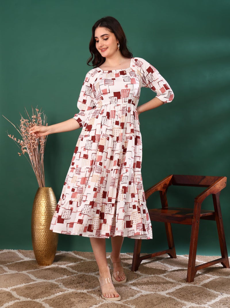 Yash Gallery Women’s Delta Fabric Printed Dress Square Neck, Puff Sleeve, Fit & Flare Midi Dress(White) - Image 3