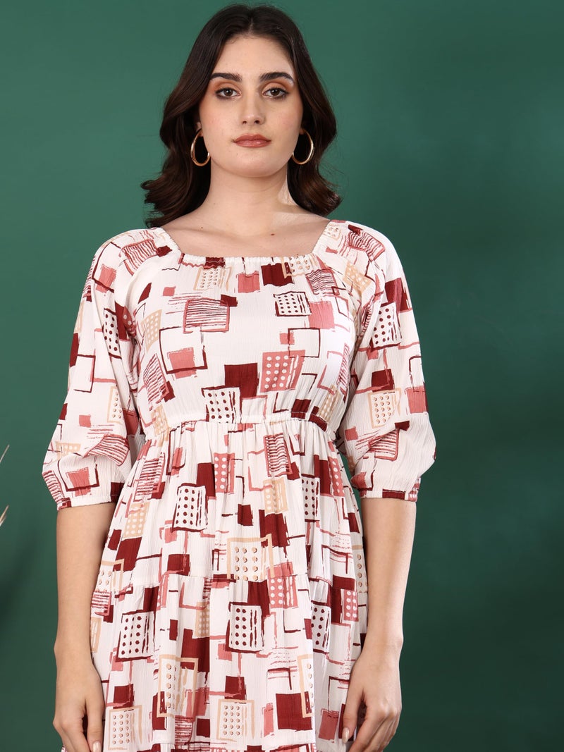 Yash Gallery Women’s Delta Fabric Printed Dress Square Neck, Puff Sleeve, Fit & Flare Midi Dress(White) - Image 5