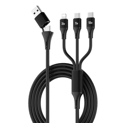 T TECLUSIVE 100w 3 in 1 Super Fast Charging Cable USB Type C Compatible with iPhone 17 16 15 14 13 / Macbook Air Pro/Laptop | 2 Type-C & 1 iPhone Multi Pin Data Cable | USB C to 3 in 1-1.2M - Image 1