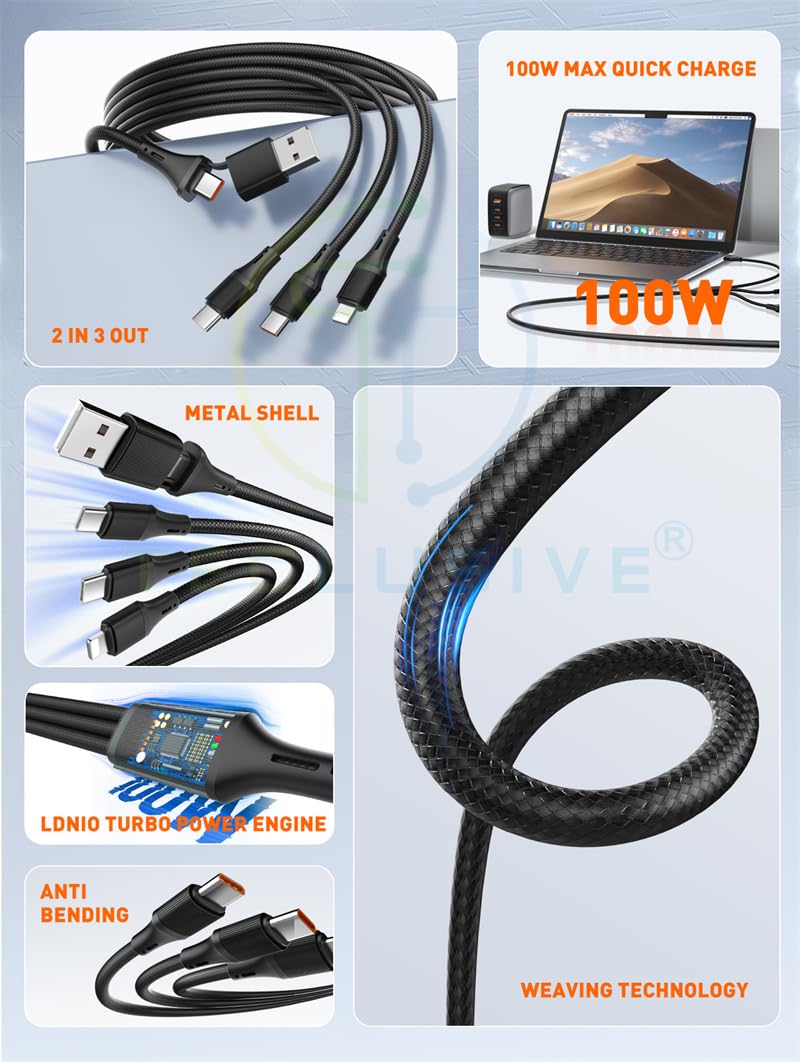 T TECLUSIVE 100w 3 in 1 Super Fast Charging Cable USB Type C Compatible with iPhone 17 16 15 14 13 / Macbook Air Pro/Laptop | 2 Type-C & 1 iPhone Multi Pin Data Cable | USB C to 3 in 1-1.2M - Image 5