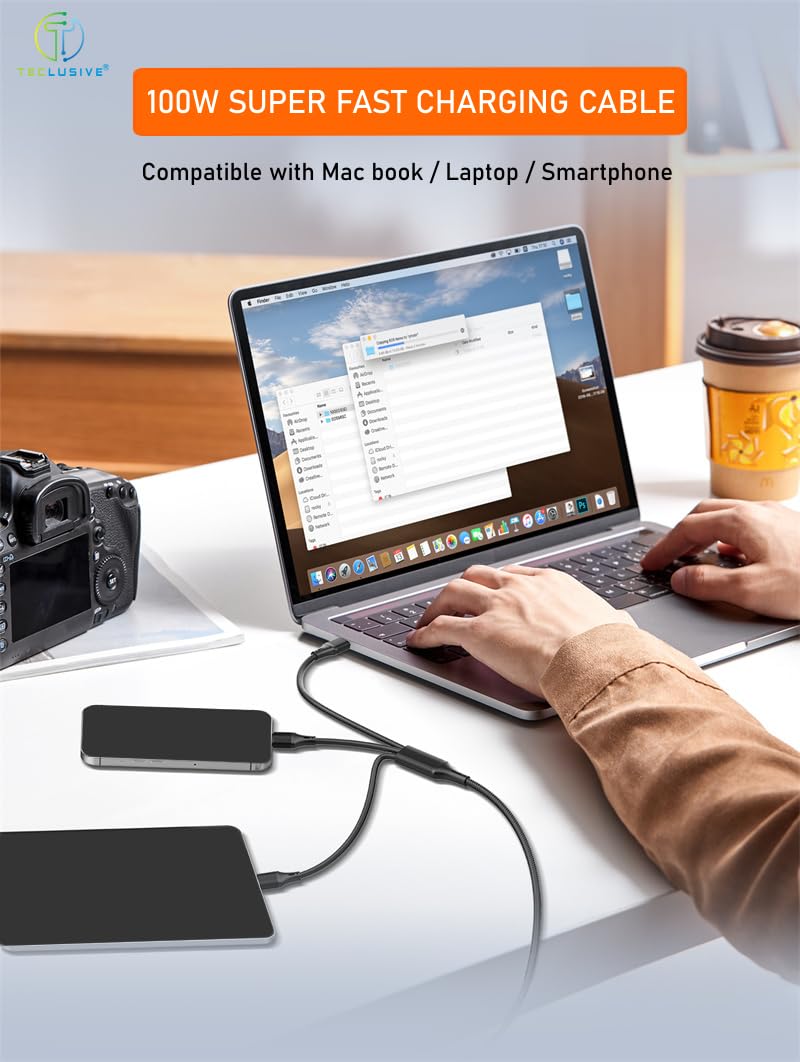 T TECLUSIVE 100w 3 in 1 Super Fast Charging Cable USB Type C Compatible with iPhone 17 16 15 14 13 / Macbook Air Pro/Laptop | 2 Type-C & 1 iPhone Multi Pin Data Cable | USB C to 3 in 1-1.2M - Image 3