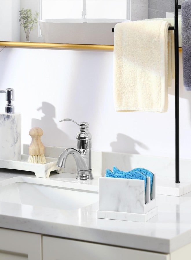 Luxspire Kitchen Sponge Holder, Dish Sponge Holder with with Drain Tray, Marble Sponge Holder for Kitchen Sink, Kitchen Sink Caddy 2 Compartments, Gravel White - Image 4
