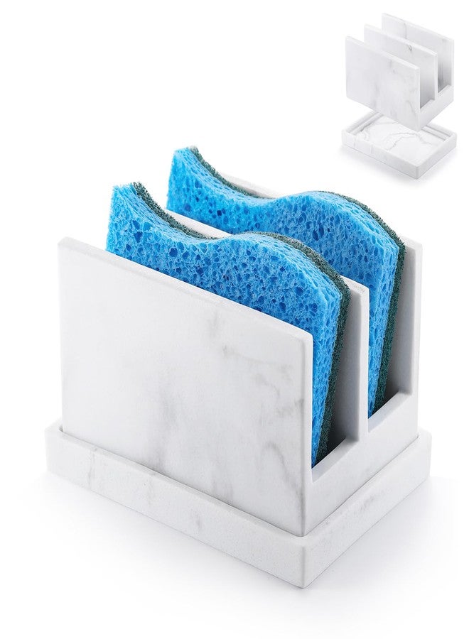 Luxspire Kitchen Sponge Holder, Dish Sponge Holder with with Drain Tray, Marble Sponge Holder for Kitchen Sink, Kitchen Sink Caddy 2 Compartments, Gravel White - Image 1