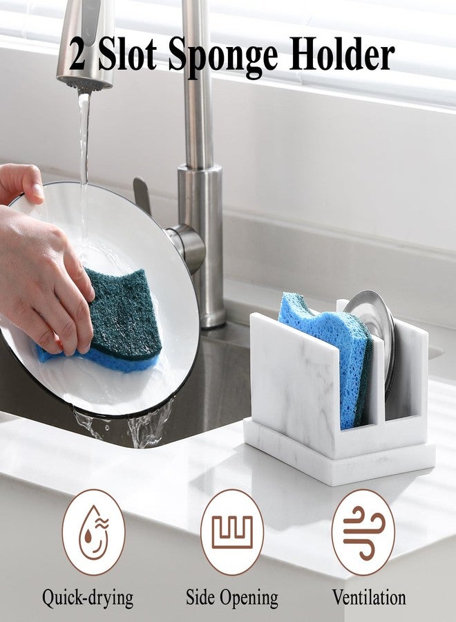 Luxspire Kitchen Sponge Holder, Dish Sponge Holder with with Drain Tray, Marble Sponge Holder for Kitchen Sink, Kitchen Sink Caddy 2 Compartments, Gravel White - Image 2