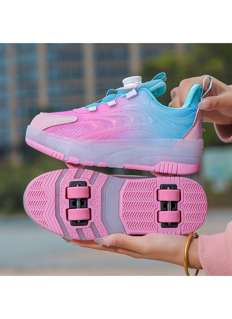 Generic - Childrens Invisible Four-Wheel Roller Skates Womens Kids Walking Shoes Mens Kids Scooters Retractable Single Row Wheel Skates 386 pink four-wheel [without lights]] - Image 1