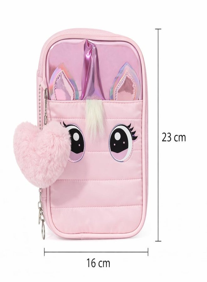 SAMVARDHAN Cute Unicorn Pencil Case/Makeup Pouch Organizer for Girl– Large Capacity,Multipurpose Pouch with Zipper Pencil Case for Kids,Pom Pom Keychain for School & Travel (Pink) - Image 2