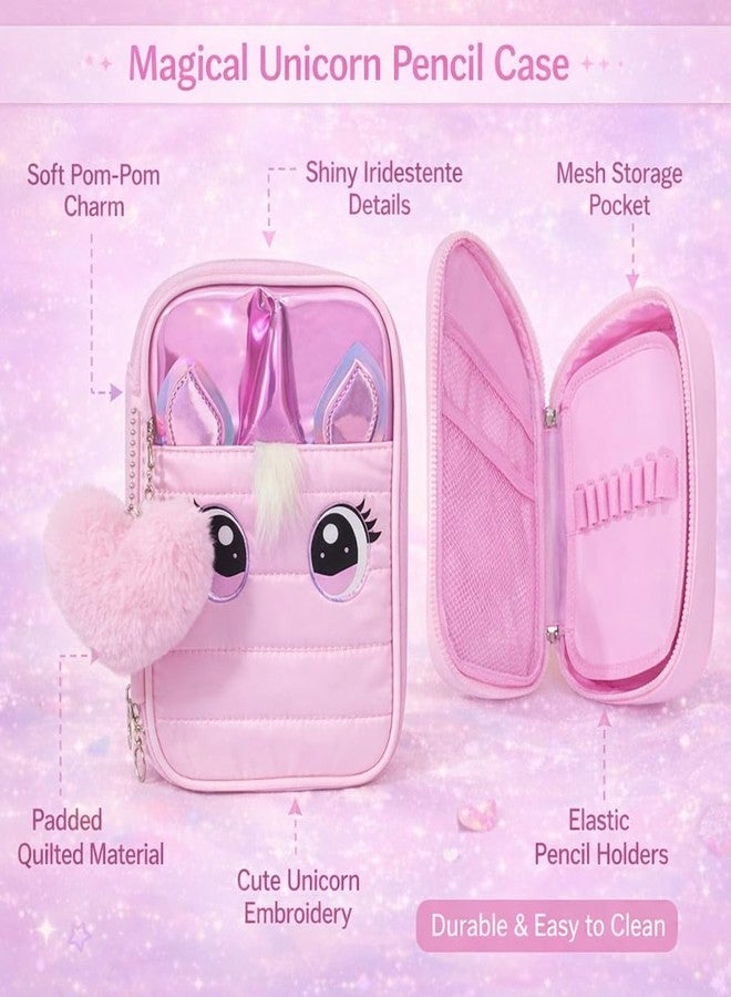 SAMVARDHAN Cute Unicorn Pencil Case/Makeup Pouch Organizer for Girl– Large Capacity,Multipurpose Pouch with Zipper Pencil Case for Kids,Pom Pom Keychain for School & Travel (Pink) - Image 5