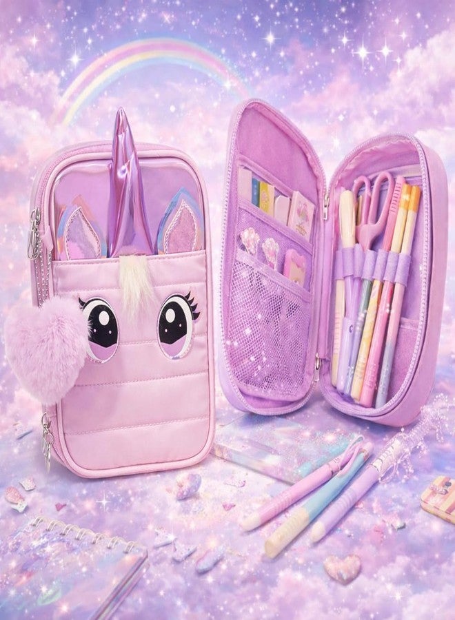 SAMVARDHAN Cute Unicorn Pencil Case/Makeup Pouch Organizer for Girl– Large Capacity,Multipurpose Pouch with Zipper Pencil Case for Kids,Pom Pom Keychain for School & Travel (Pink) - Image 4
