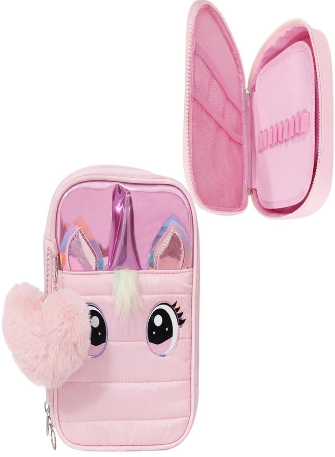 SAMVARDHAN Cute Unicorn Pencil Case/Makeup Pouch Organizer for Girl– Large Capacity,Multipurpose Pouch with Zipper Pencil Case for Kids,Pom Pom Keychain for School & Travel (Pink) - Image 1