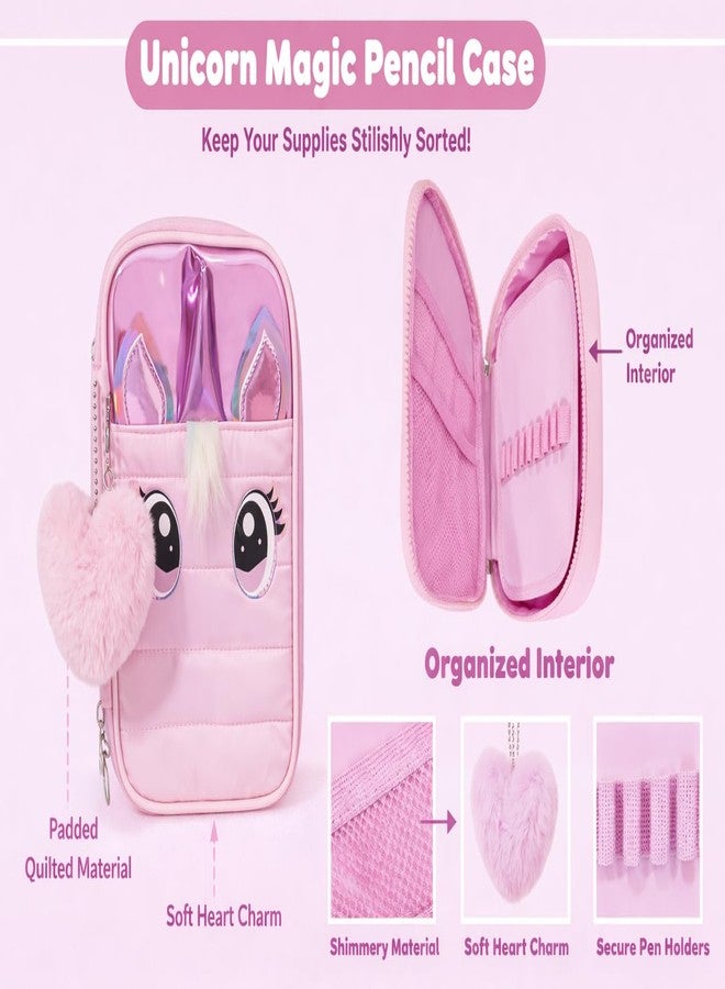 SAMVARDHAN Cute Unicorn Pencil Case/Makeup Pouch Organizer for Girl– Large Capacity,Multipurpose Pouch with Zipper Pencil Case for Kids,Pom Pom Keychain for School & Travel (Pink) - Image 3