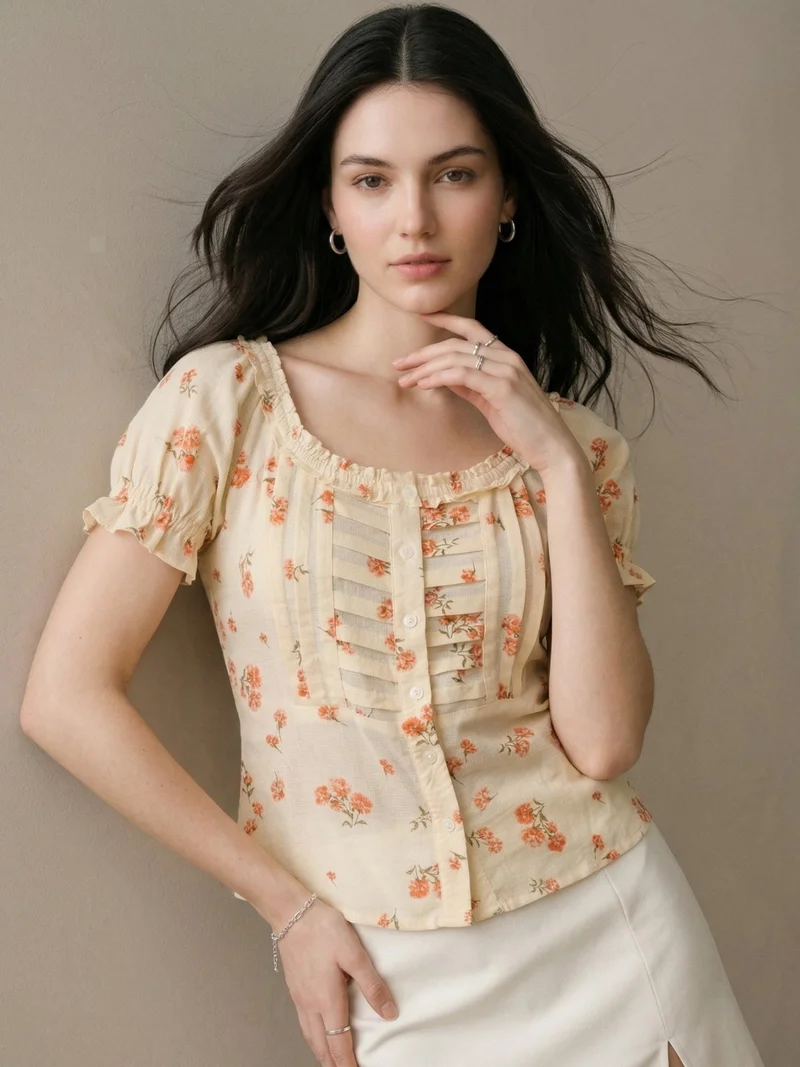 Butter Yellow Printed Square Neck Pleated Puff Top