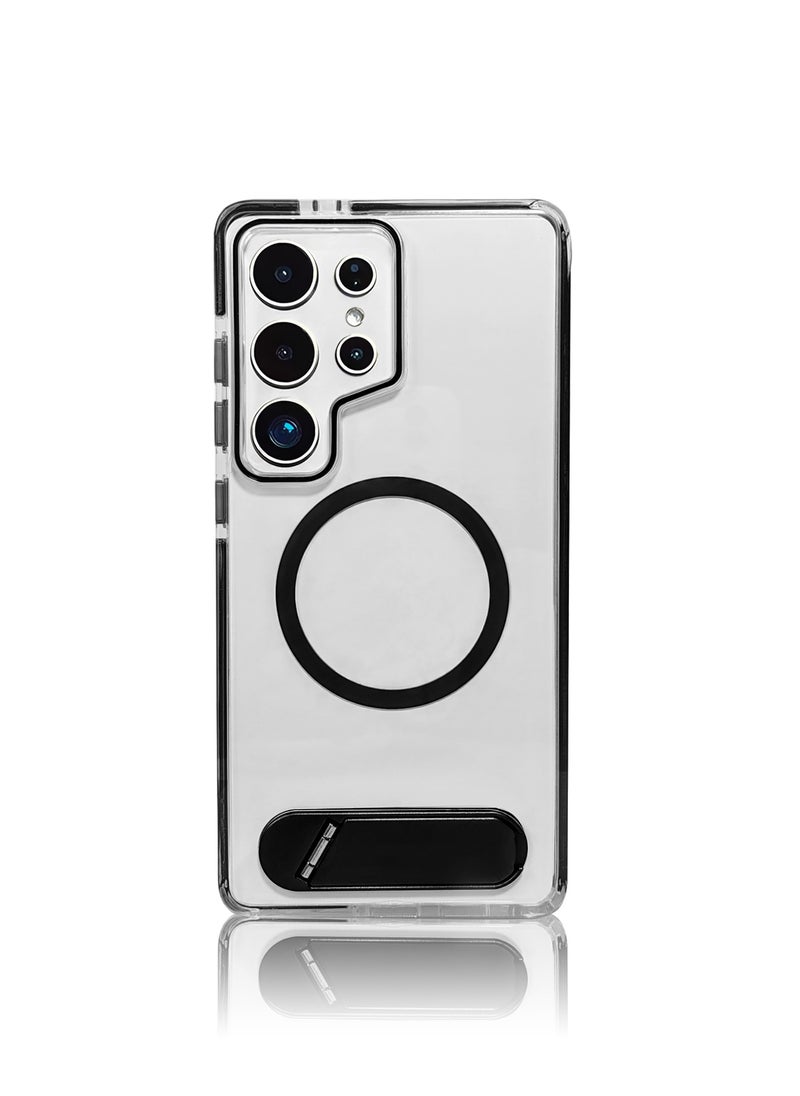 Generic - Luxury TPU PC Crystal clear Magnetic Phone case With Holder Stand for Samsung Galaxy S23 Ultra case With Metal Stand - Black - Image 1